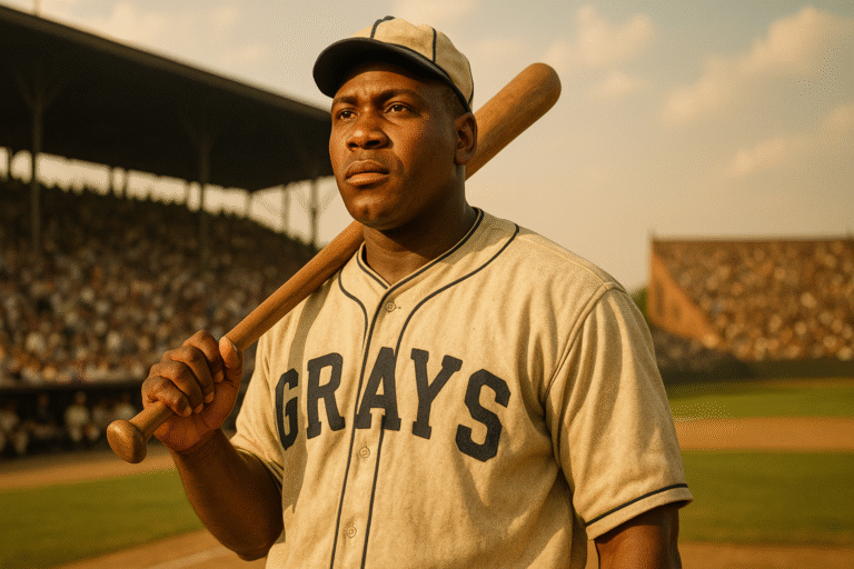 AI image of Josh Gibson in Negro Leagues uniform holding a bat in front of a packed 1930s baseball stadium.