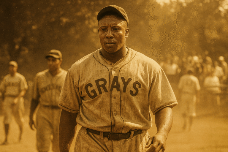AI Image of Josh Gibson walking off the field in 1930s Homestead Grays uniform under warm sunlight with fans in the stands.