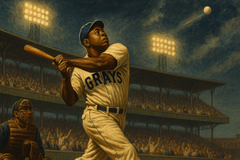 Josh Gibson hitting a powerful home run in a classic ballpark, representing his legendary home runs.