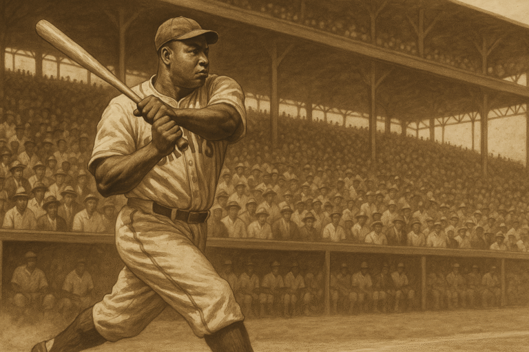 Josh Gibson playing in the Negro Leagues, symbolizing Black baseball history and resilience.