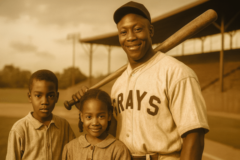 AI Generated image of Josh Gibson with his young twins near a 1930s baseball field, symbolizing his personal life and family legacy.