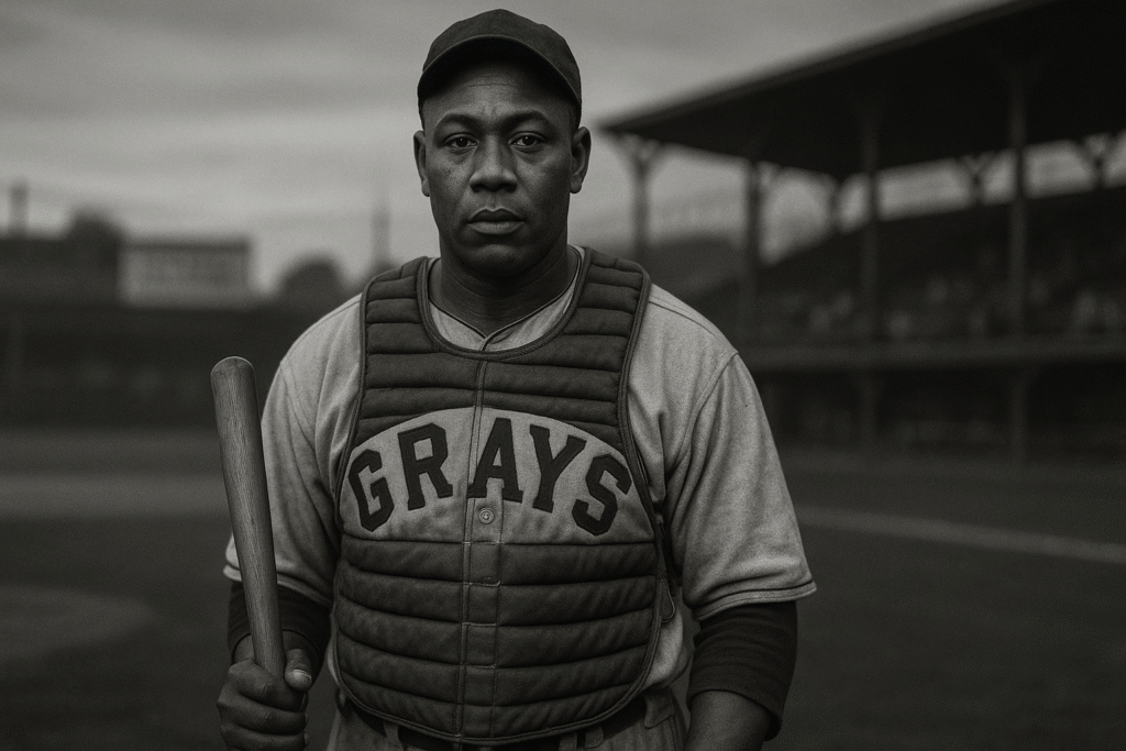 AI Generated Black-and-white portrait of Josh Gibson in Homestead Grays catcher’s gear holding a bat at his side, standing near home plate with a blurred 1940s grandstand behind him, calm expression that suggests both strength and strain.