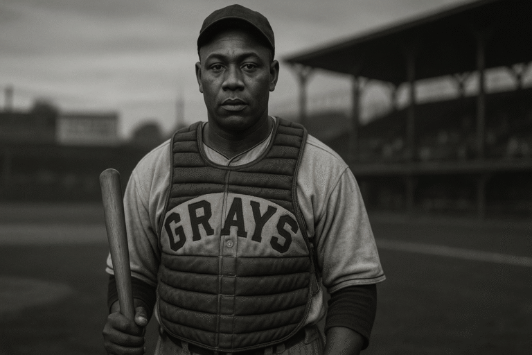 AI Generated Black-and-white portrait of Josh Gibson in Homestead Grays catcher’s gear holding a bat at his side, standing near home plate with a blurred 1940s grandstand behind him, calm expression that suggests both strength and strain.