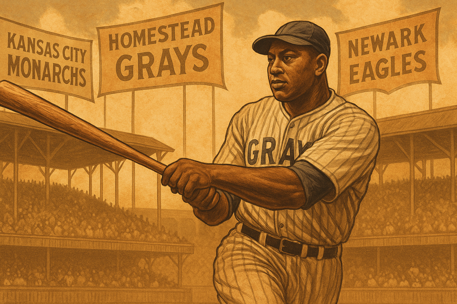 Josh Gibson in a Homestead Grays uniform swinging a bat with Negro Leagues banners behind him, symbolizing his lasting legacy.