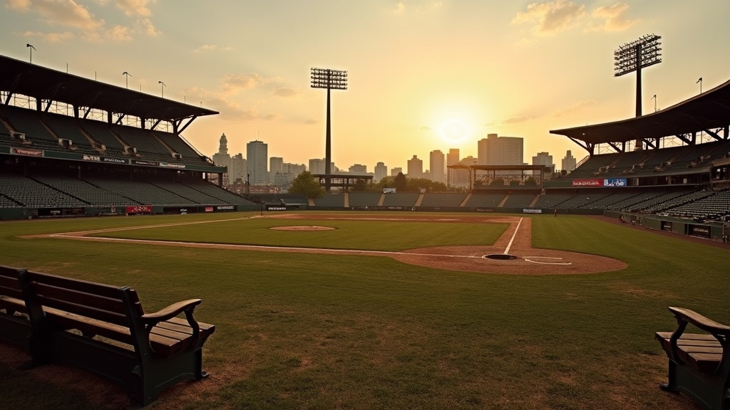 Negro League baseball stadium under cloudy skies, faded vintage look