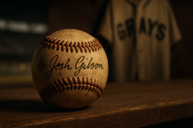 Close-up of a signed Josh Gibson Baseball on an old dugout bench with warm stadium light.