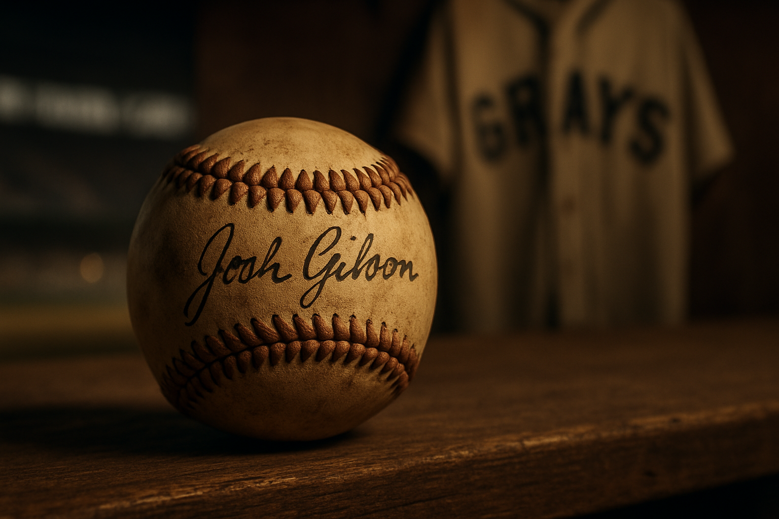Close-up of a signed Josh Gibson Baseball on an old dugout bench with warm stadium light.